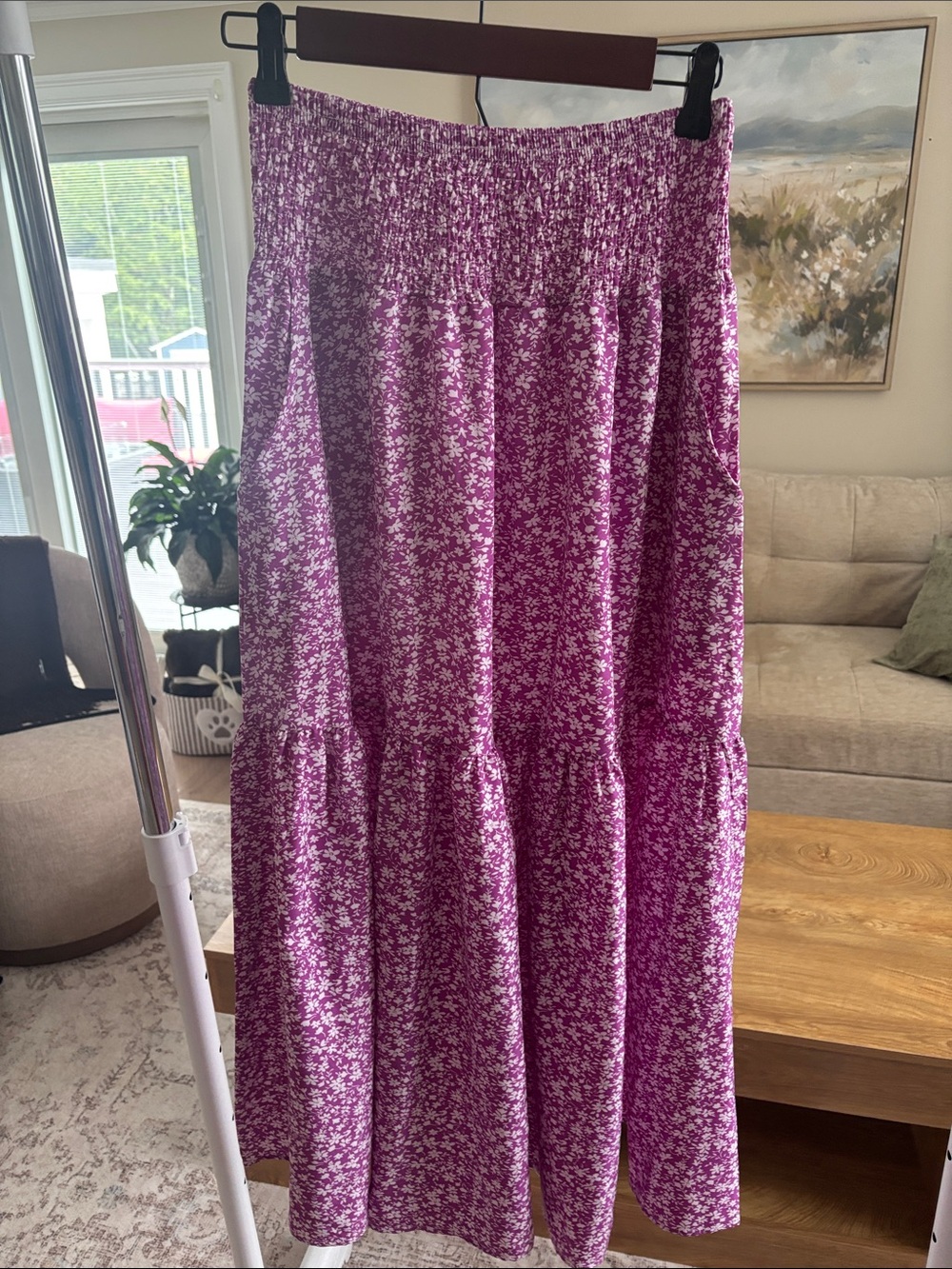 Women's Pink Floral Smocked Waist Maxi Skirt with pockets
